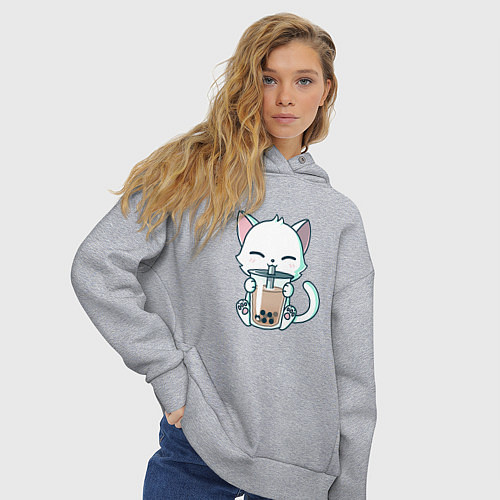 Женское худи оверсайз Котик с бабл ти / Меланж – фото 3