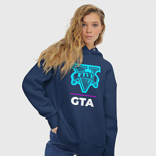 Женское худи оверсайз Символ GTA в неоновых цветах / Тёмно-синий – фото 3