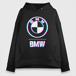 Толстовка оверсайз женская Значок BMW в стиле glitch, цвет: черный