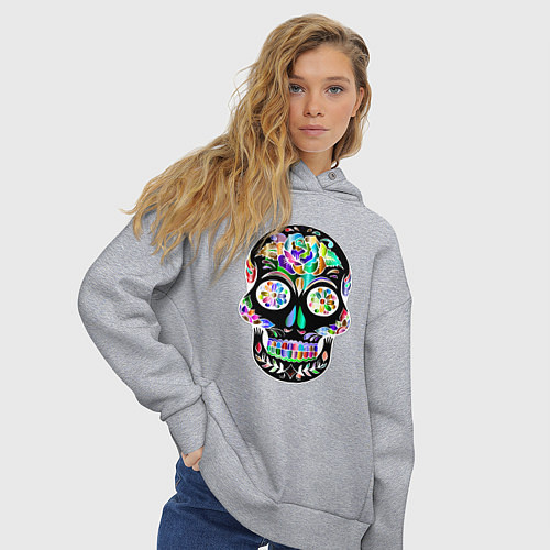 Женское худи оверсайз Чёрный мексиканский череп с разноцветными цветами / Меланж – фото 3