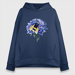 Толстовка оверсайз женская Трудяжка шмель на цветке, цвет: тёмно-синий