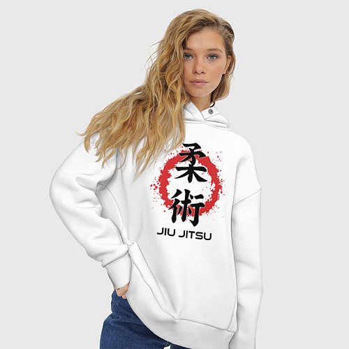 Женское худи оверсайз Jiu jitsu red splashes logo / Белый – фото 3
