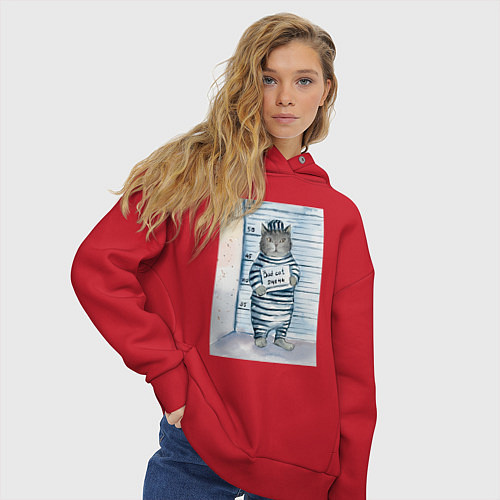 Женское худи оверсайз Акварельный рисунок плохой кот / Красный – фото 3
