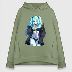 Толстовка оверсайз женская Ребекка и коктель - Киберпанк бегущий по краю, цвет: авокадо