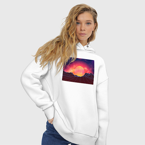 Женское худи оверсайз 3D неоновые горы на закате / Белый – фото 3