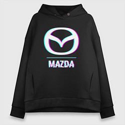 Толстовка оверсайз женская Значок Mazda в стиле glitch, цвет: черный