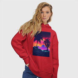 Толстовка оверсайз женская Синтвейв пляж и пальмы, цвет: красный — фото 2