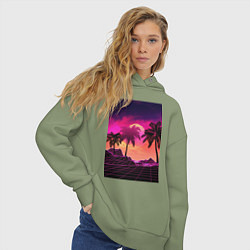 Толстовка оверсайз женская Пальмы и пляж в розовом закате, цвет: авокадо — фото 2