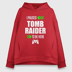 Толстовка оверсайз женская I paused Tomb Raider to be here с зелеными стрелка, цвет: красный