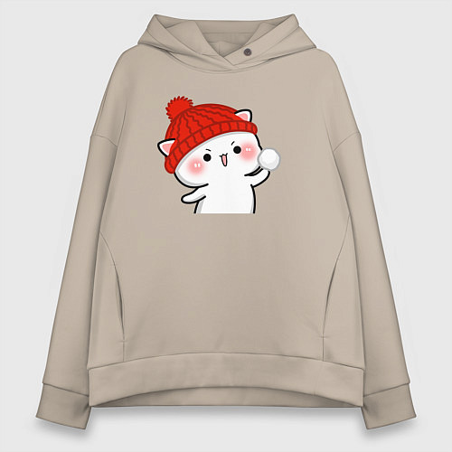 Женское худи оверсайз Игра в снежки - белый котик / Миндальный – фото 1