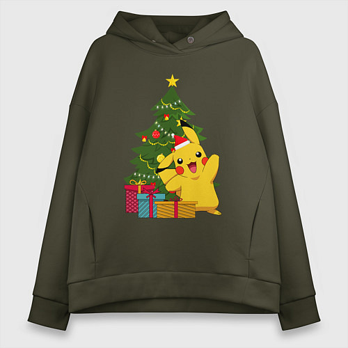 Женское худи оверсайз Новогодний Пикачу и елка / Хаки – фото 1