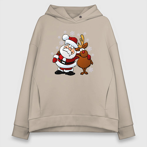 Женское худи оверсайз Санта и олень / Миндальный – фото 1