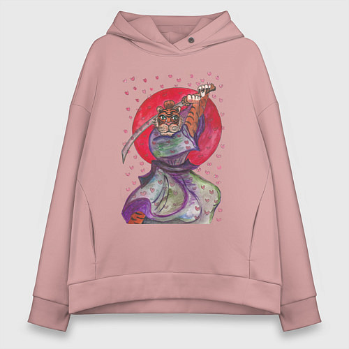 Женское худи оверсайз Тигра самурай на фоне солнца / Пыльно-розовый – фото 1