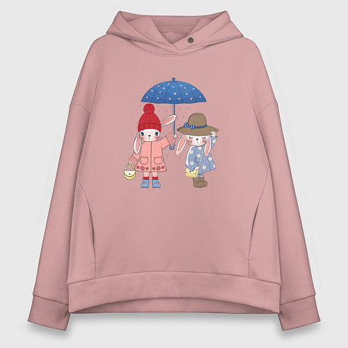 Женское худи оверсайз Зайки под зонтом / Пыльно-розовый – фото 1
