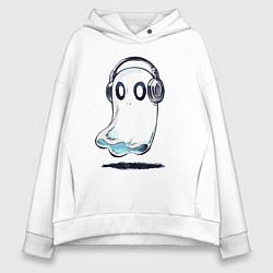 Толстовка оверсайз женская Прикольный призрак в наушниках, цвет: белый