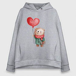 Толстовка оверсайз женская Мишка с шариком в виде сердечка, цвет: меланж