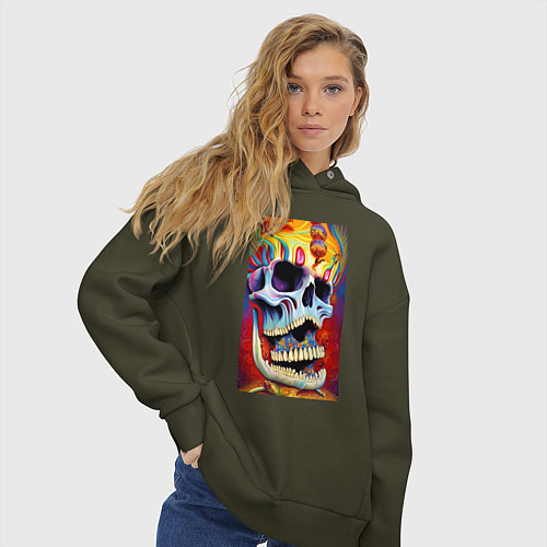 Женское худи оверсайз Crazy skull - нейросеть - art / Хаки – фото 3