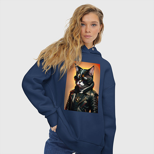 Женское худи оверсайз Кот рокер / Тёмно-синий – фото 3