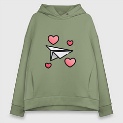 Толстовка оверсайз женская Бумажный самолетик - сердца, цвет: авокадо
