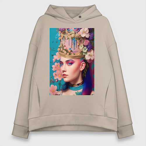 Женское худи оверсайз Сладкая женщина со шляпкой тортом - нейросеть / Миндальный – фото 1