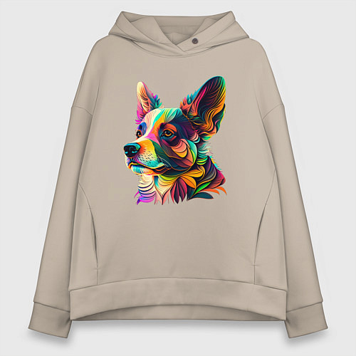 Женское худи оверсайз Разноцветный корги / Миндальный – фото 1