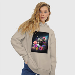 Толстовка оверсайз женская Мопс-космонавт в цветах, цвет: миндальный — фото 2