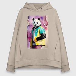 Толстовка оверсайз женская Панда в модной куртке - акварель, цвет: миндальный