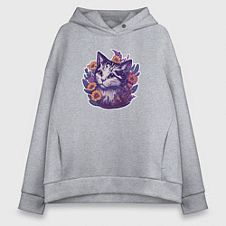 Толстовка оверсайз женская Милый котик и полевые цветы, цвет: меланж