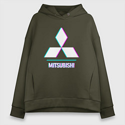 Толстовка оверсайз женская Значок Mitsubishi в стиле glitch, цвет: хаки
