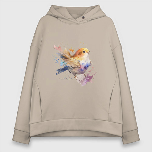 Женское худи оверсайз Акварельная милая птица / Миндальный – фото 1