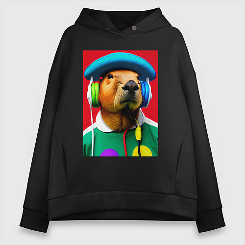 Женское худи оверсайз Капибара в наушниках и шляпе - нейросеть / Черный – фото 1