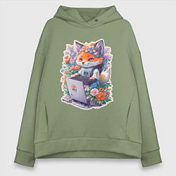 Толстовка оверсайз женская Лиса геймер за компьютером, цвет: авокадо