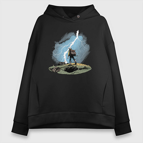Женское худи оверсайз Дурак на холме ловит молнию / Черный – фото 1