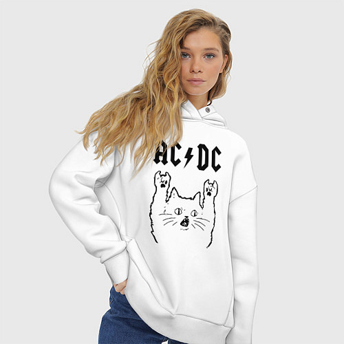 Женское худи оверсайз AC DC - rock cat / Белый – фото 3