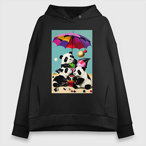 Женское худи оверсайз Три панды под цветным зонтиком / Черный – фото 1