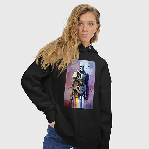 Женское худи оверсайз Cyber skeleton - watercolor - sketch / Черный – фото 3
