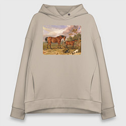 Толстовка оверсайз женская Две лошади и две собаки, цвет: миндальный