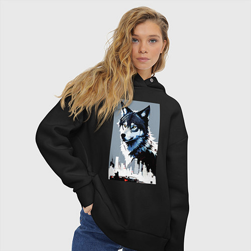 Женское худи оверсайз Волчара в мегаполисе / Черный – фото 3