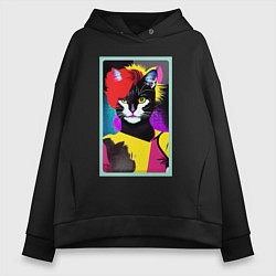 Толстовка оверсайз женская Lady cat - pop art - neural network, цвет: черный