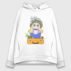 Толстовка оверсайз женская Путешественница на чемодане, цвет: белый