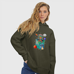 Толстовка оверсайз женская Кот космонавт в кармане, цвет: хаки — фото 2