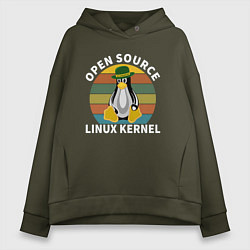 Толстовка оверсайз женская Пингвин ядро линукс, цвет: хаки