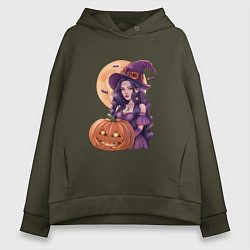 Толстовка оверсайз женская Хэллоуин - ведьма с тыквой, цвет: хаки