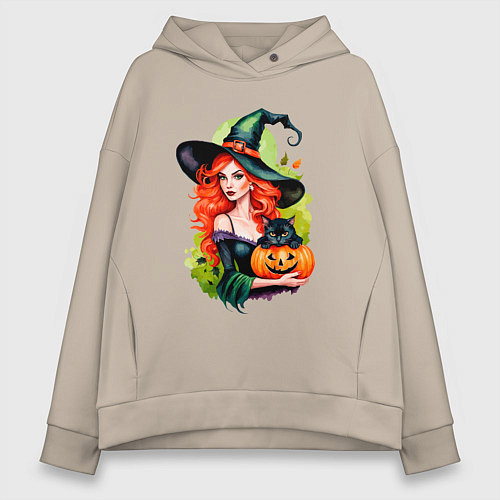 Женское худи оверсайз Рыжая ведьма с тыквой и черным котом / Миндальный – фото 1