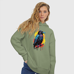 Толстовка оверсайз женская Яркий ворон - красочная птица, цвет: авокадо — фото 2