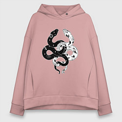 Толстовка оверсайз женская Змеи инь и янь - черное белое, цвет: пыльно-розовый
