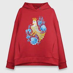Толстовка оверсайз женская Птица Сирин в цветах по мотивам гжельской росписи, цвет: красный