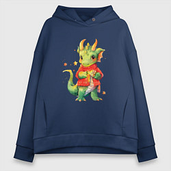 Толстовка оверсайз женская Милый дракончик в свитере, цвет: тёмно-синий