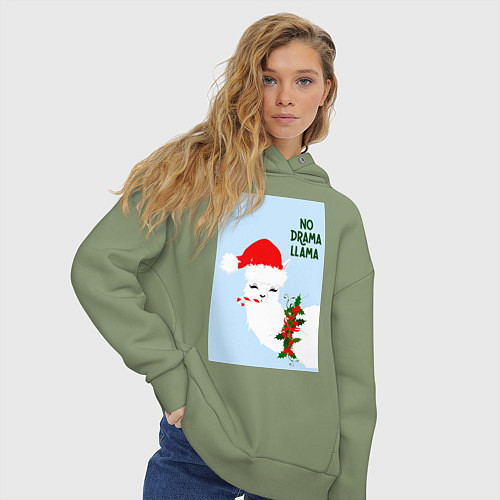 Женское худи оверсайз Лама Санта Клаус no drama llama / Авокадо – фото 3