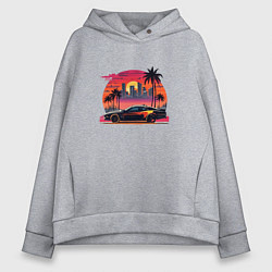 Толстовка оверсайз женская Ретро закат в Майями и гоночная машина, цвет: меланж